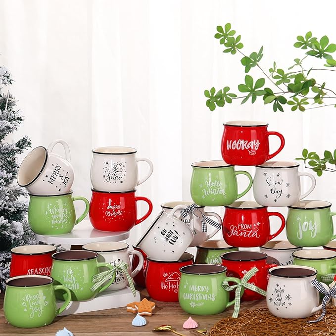 Sliner 24 Pcs Christmas Coffee Mugs, 12 oz Ceramic Mug Gift Holiday Hot Cocoa Tea Cups for Family Friend Staff Winter Holiday Gift School Office Table Centerpieces(Red,Green,White)