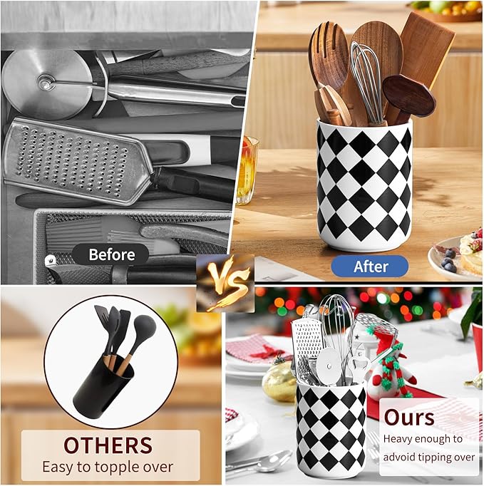 Kitchen Utensil Holder for Countertop， 6.4" Ceramic Utensil Holder Deep and Stable，Kitchen Utensil Organizer，Modern Checkered Utensil Holder for Decor