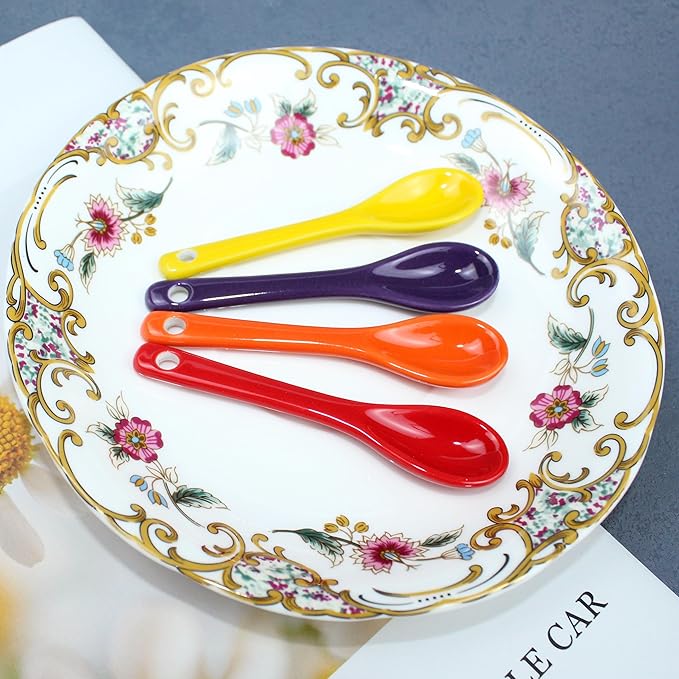 Mini Spoons for Spices, Ceramic Spoon 3.5 inch for Spice Jars, Espresso Spoons, Small Seasoning Spoon for Salt, Coffee, Sugar, Powder and Pepper (Yellow spoon A set of 4)