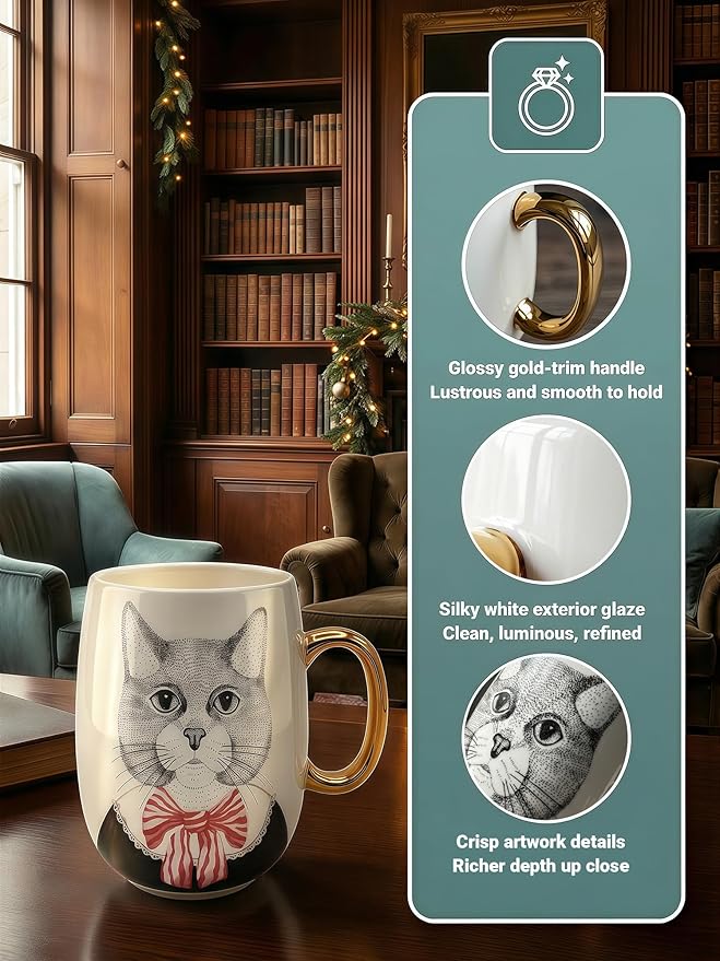 Large 24oz Ceramic Coffee Mug with Gold-Trim Handle, Oversized Porcelain Mug for Coffee, Tea & Hot Chocolate, Hand-Painted Artisan Style, Lead-Free, Gift-Ready Box, Hand Wash Only, Not Microwave Safe