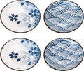 Beautyflier Set of 4 Ceramic Sauce Dish Soy Sauce Dipping Bowls Appetizer Plates Side Dishes Serving Dish Japanese Style Dinnerware Set (WAVE&SAKURA(3.75inch))