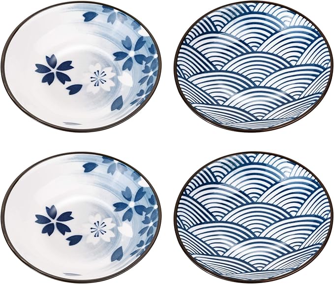 Beautyflier Set of 4 Ceramic Sauce Dish Soy Sauce Dipping Bowls Appetizer Plates Side Dishes Serving Dish Japanese Style Dinnerware Set (WAVE&SAKURA(3.75inch))