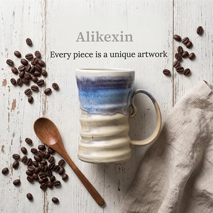 17oz Large Unique Cool Tall Handmade Ceramic Coffee Mug with Comfortable Big handle, Big Pottery Tea Mug, Artisanal Stoneware Coffee cup, Rustic Lead-free Tea Cups, Microwave safe Coffee Cup