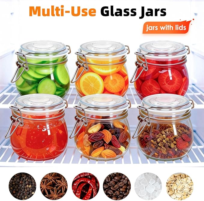 SKOCHE 6 Pack Glass Jars with Airtight Lid 17 oz, Small Air Tight Glass Storage Jar, Pickling Jar, Leakproof Canister Jars with Silicone Seal for Kitchen Canning, Food Storage, Jam, Mason jars
