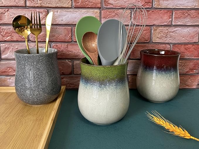 Short Kitchen Utensil Holder for Kitchen Counter, Ceramic Small Utensil Crock & Vase & Holder for Cutlery Spatula Brush Silverware Cooking Utensil Holder (Retro Lavender Grass Green)