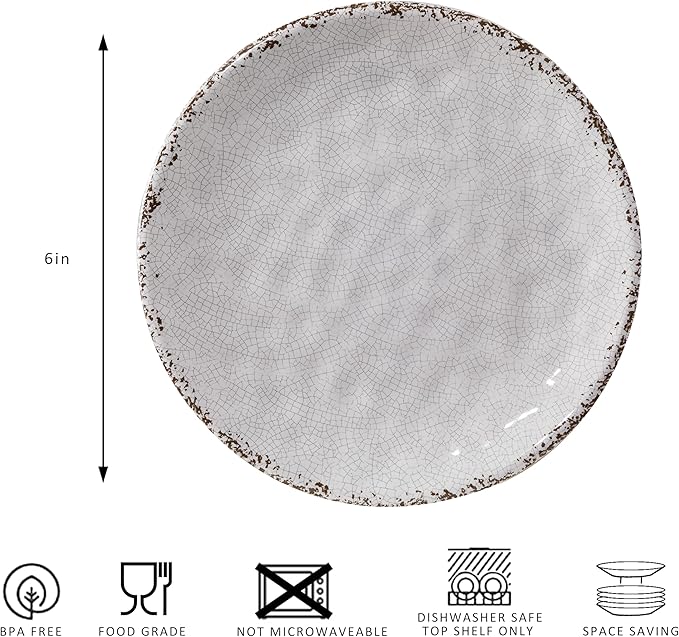Farmhouse Melamine 6 Inch Appetizer plate, Small Serving Dinnerware/Snack/Party/Kitchen/Dinner/Dessert Plates, Set of 8, White