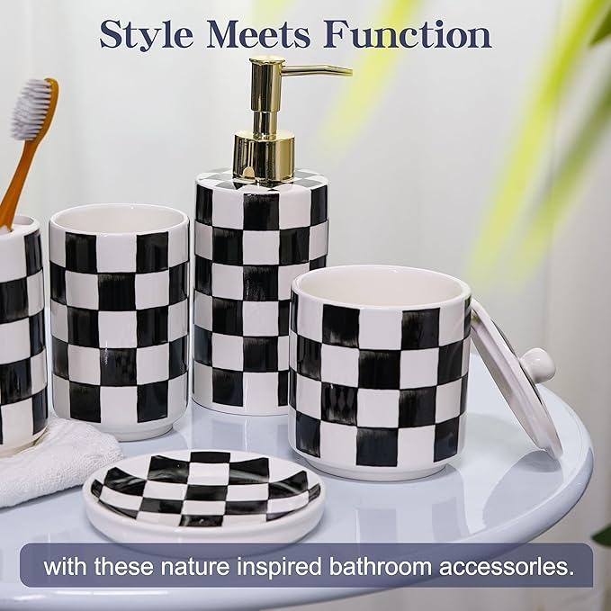 Ceramic Bathroom Soap Dispenser Set, Black and White Checkered Bathroom Vanity Set with Lotion Pump, Toothbrush Holder, Soap Dish & Storage Jar, Modern Bathroom Sink Accessories