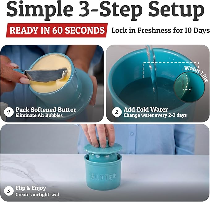 PriorityChef Butter Crock with Lid with Water Line, Ceramic French Butter Dish to Leave On Counter, Turquoise