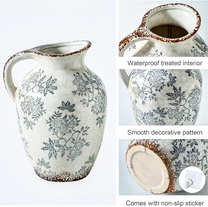 Enra Vintage vase with Handle,Blue and White Ceramic Decorative Flower vase, Vintage Pitcher,Large Rustic Vases for Home Decors, Living Room, Bookshelf, Office，9.7 inch