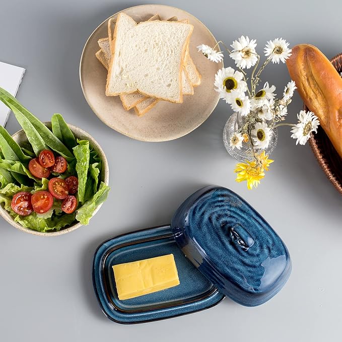 Hasense Butter Dish with Lid, Ceramic Butter Dish with Knife for Countertop with Covered, Large Butter Keeper Handle Design, Blue
