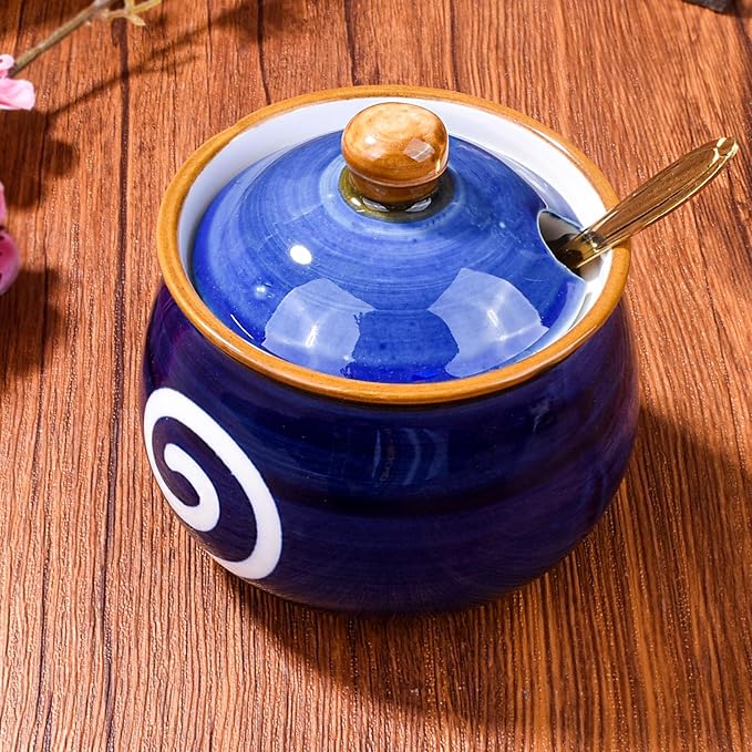Blue Ceramic Sugar Jar with Lid & Golden Spoon - 10.8oz Airtight Kitchen Storage Canister for Coffee Tea Spices Baking Essentials Elegant Tabletop Decor or Gift Idea (1.35 Cup Capacity)