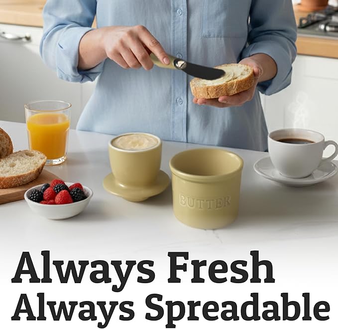 PriorityChef Butter Crock with Lid with Water Line, Ceramic French Butter Dish to Leave On Counter, Khaki