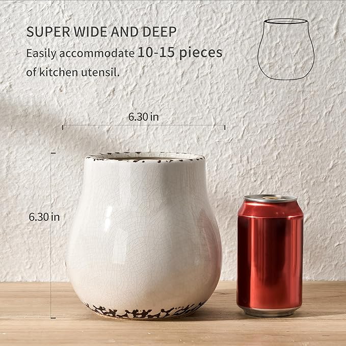 JIEMEI HOME Kitchen Utensil Holder for Kitchen Counter, 6.3" Ceramic Rustic Utensil Crock for Countertop, Farmhouse Cooking Tool Organizer, Spatula Holder For Kitchen Decor, Antique Cracked White