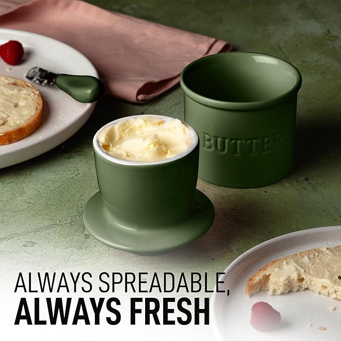 Zulay Kitchen Bell Shaped Butter Crock with Lid for Countertop with Water Line & Spreader Knife, Ceramic French Butter Dish Keeper For Fresh, Soft & Spreadable Butter - Jade