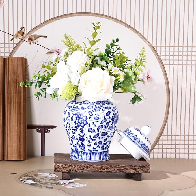 Handmade Blue and White Porcelain Ginger Jar - Traditional Chinoiserie Decorative Storage Vase, Thin-Walled Ceramic Jar for Home Decor, Tea & Display (Leaves)