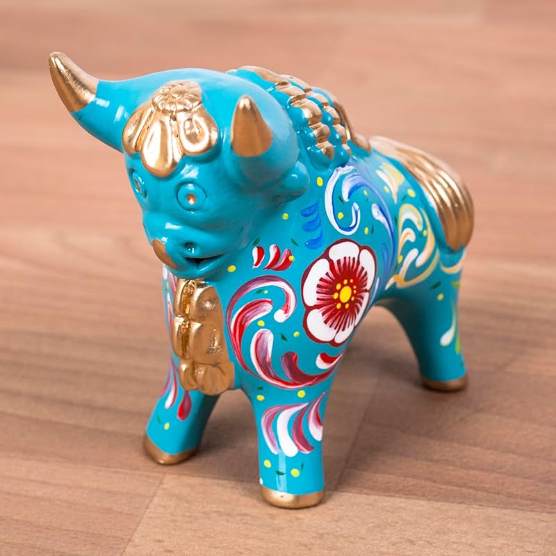 Turquoise Figurine Pucara Bull 4.7"H, Ceramic Bull Pucara, Peru Folk art, Pottery Sculpture Bull, sculpture made of clay, Unique Gift Peru