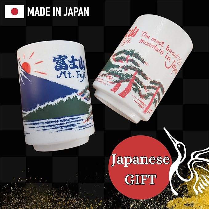 Japanese Tea Cups Sushi-Yunomi Mino Ware With Bamboo Coaster (Set of 2) (Mt. Fuji)