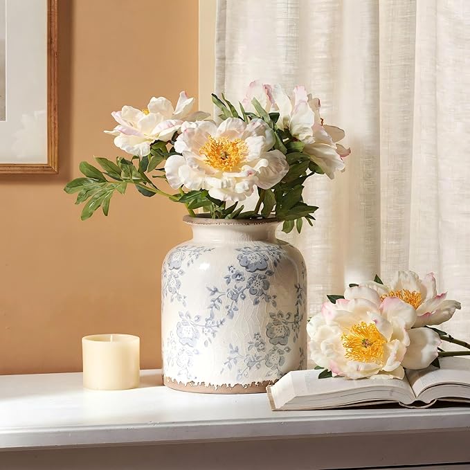 Blue Camellia Chinoiserie Vase, 6.2” Crackled White Ceramic Vase with Antique Distressed Edges, Hand-Painted Vintage Floral Vase for Home Decor, Farmhouse Table Centerpiece (Blue, 6.2")