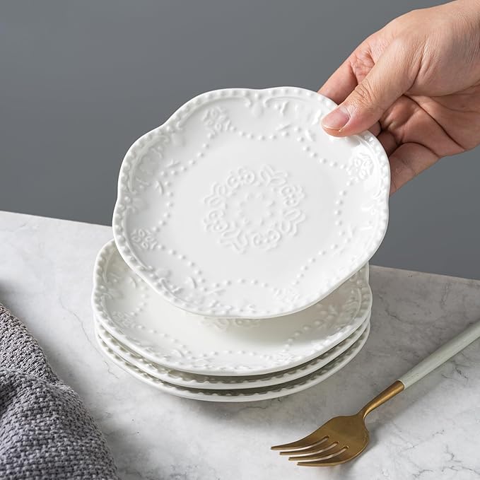 White Small Dessert Plates Set of 4,Ceramic Dinner Plates 6 Inch for Appetizer, Fruits, Cake, Salad,Microwave Safe,Christmas Gift