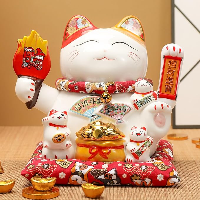 Chinese Ceramic Lucky Cat - Japanese Cat Waving Arm, Lucky Statue Cat Fortune Cat with Moving Arm, Good Luck Statue for Home, Office, and Store Decor