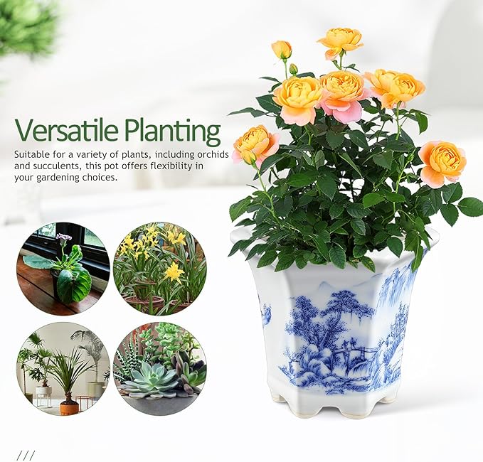 SUPVOX White Porcelain Blue and White Planter Pot for Indoor Succulents and Small Plants, Ceramic Oval Flowerpot with Traditional Chinese Pattern, Decorative Home Gardening Container