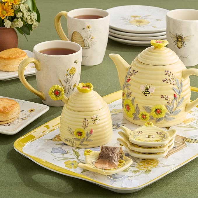 Bee Sweet 8.5" Ceramic Salad & Dessert Plates, Set of 4 – Assorted Bee & Floral Designs with Uplifting Sayings, Cottagecore Tableware for Spring, Brunch, and Everyday Dining