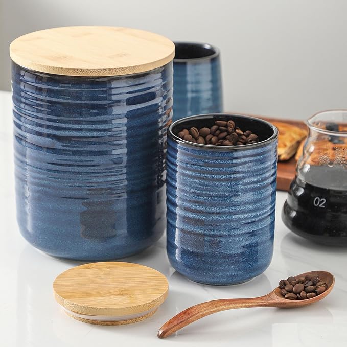 HASENSE Ceramic Food Storage Jars with Bamboo Lids – 80oz + 24oz Kitchen Canister Set – 7.5" & 5.9" Airtight Containers for Coffee, Tea, Sugar, Flour – Pantry Organization Jar Set of 2（Blue）