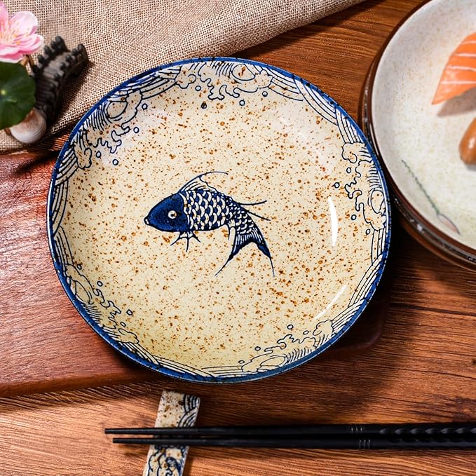 7 Inch Japanese Retro Ceramic Dinner Plates Set of 4 Asian-Inspired Dinnerware with Unique Hand-Painted Patterns, Microwave & Dishwasher Safe