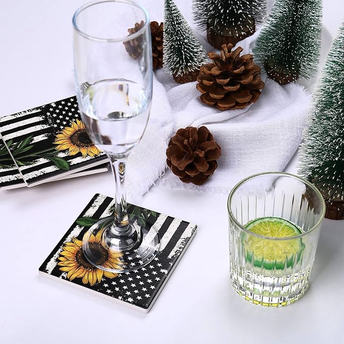 wonlex Ceramic Coasters Absorbent for Drinks, Sunflower Coaster with Cork Base for Coffee Table, Housewarming Gift for Family and Friends, Home Decor, 4 Pack (Black Sunflower)