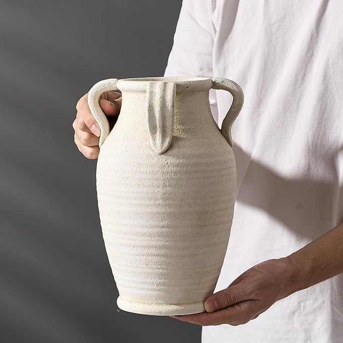 Emotionally Grounded Vase, Vaseking Large Ceramic Rustic Vase with 4 Handles, 10.83 inch Minimalist Decorative Farmhouse Tall Vases for Home Decor, Living Room, Enterway, Table Decoration, White