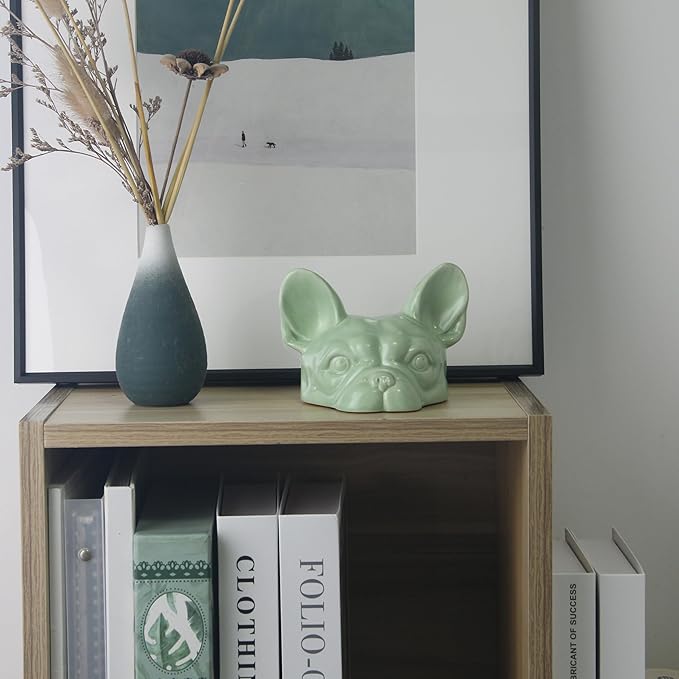 Green Dog Head Statue - Handmade Ceramic Bulldog Figurines for Home Office Decor, Healing Gifts for Dog Lovers (Sage Green, 5.31"×4.72"×3.74")