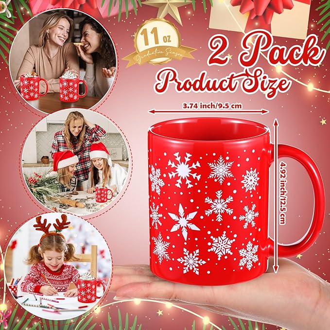 Sliner 2 Sets Red Christmas Snowflake Mugs 11 oz Winter Ceramic Coffee Cups Gift Holiday Ceramic Tea Cup Xmas Birthday Gifts for Men Women