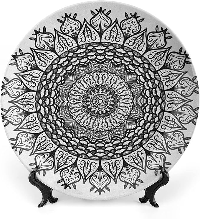 XISUNYA 10 Inch Decorative Plate, Lotus Porcelain Plate, Arabesque Mandala Flower Boho Pattern Print Ceramic Wall Hanging for Home & Office Wall Hanging Decor, Black White