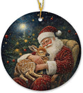 Vintage Christmas Santa Deer Ceramic Ornament Gifts, Rustic Winter Christmas Decorative Hanging Ornaments for Xmas Tree Holiday Party Decoration, Santa Deer Xmas Tree Decorations