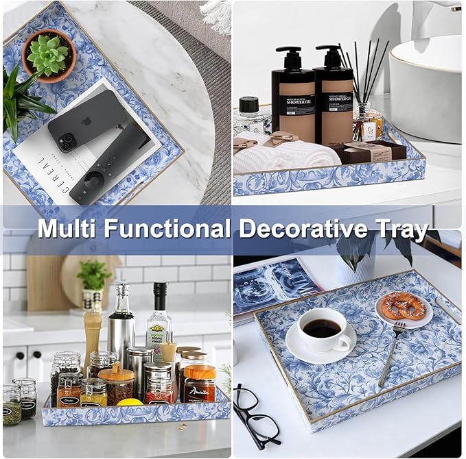 Serving Tray with Handles, 2 Pack Rectangular Plastic Tray 15.75x11.81 Inch, Blue and White Peony Chinese Porcelain Style Decorative Tray for Kitchen, Dining Table, Vanity, Office & Home