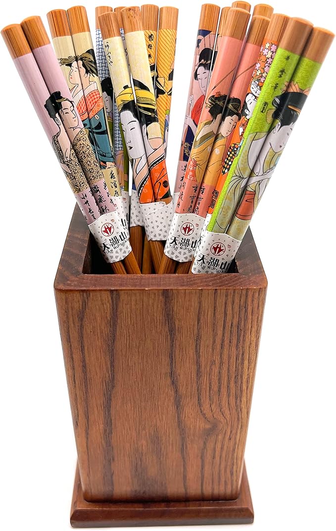 10 Pairs Reusable Bamboo Chopsticks, Edo Period Lady Pattern Natural Bamboo Wood Chopsticks, 8.8Inch/22.5cm Polybag packing by LANHUTHS