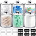 SheeChung 6-Pack Clear Acrylic Apothecary Jars with Labels - (3) 10oz & (3) 12oz Qtip Holder Set - Shatterproof Bathroom Vanity Organizer for Cotton Swabs, Balls, Pads - Minimalist Decor