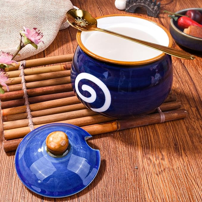 Blue Ceramic Sugar Jar with Lid & Golden Spoon - 10.8oz Airtight Kitchen Storage Canister for Coffee Tea Spices Baking Essentials Elegant Tabletop Decor or Gift Idea (1.35 Cup Capacity)