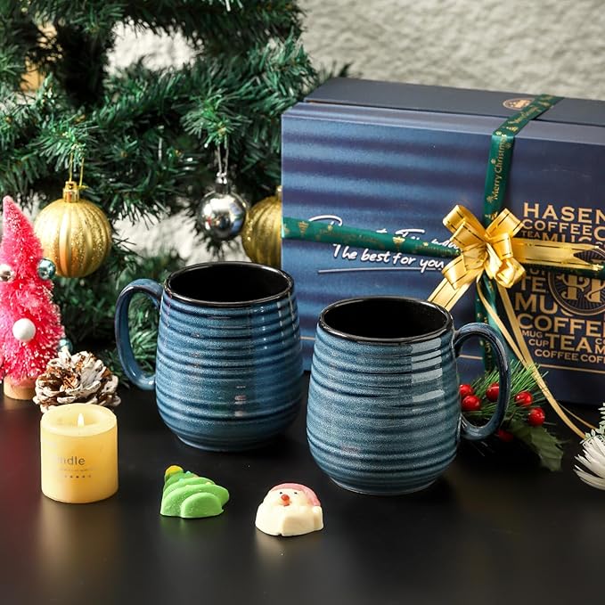 HASENSE Coffee Mugs Gift Set, 20 oz Ceramic Coffee Cups for Men and Women, Premium Large Tea Cups Gift Box with Coaster & Gold Spoon, Blue Couple Mugs for Wedding Holiday