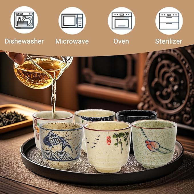6 Pieces Japanese Tea Cups, 6 Oz Ceramic Coffee Cup with Good Heat Retention, No Handle Teacup Matcha Mug for Latte, Juice, Gift, Dishwasher Safe
