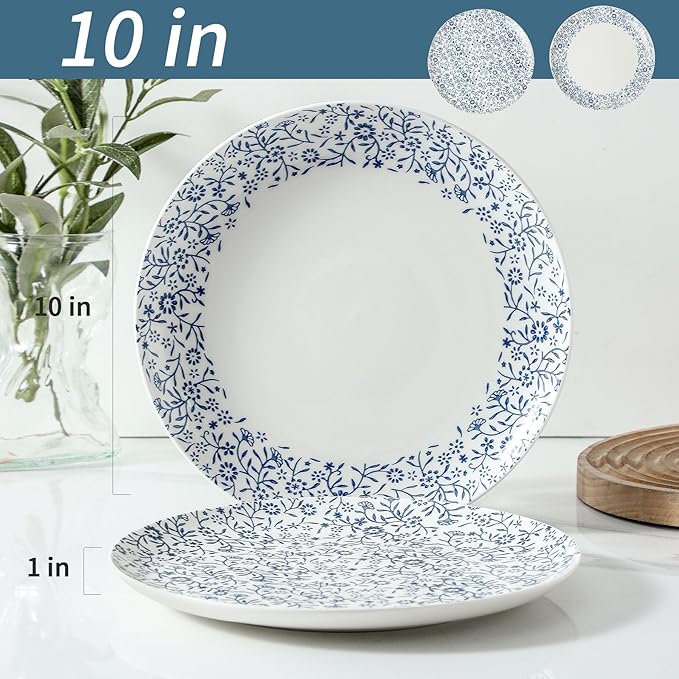 Ceramic Dinner Plates 10 Inch, Vintage Dessert Plates Set of 4, Floral Salad plates for Food, Blue and White Dishes, Round Plates for Kitchen, Oven & Microwave Safe