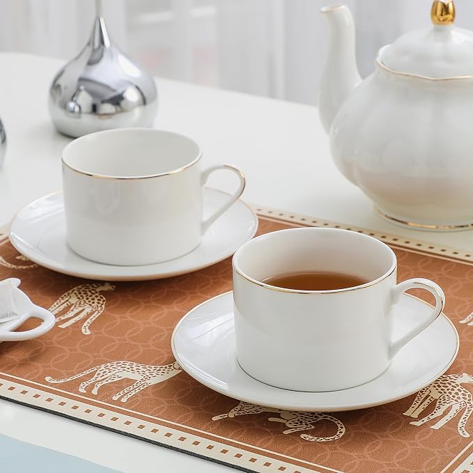 Classic White Porcelain 6.6oz Tea Cup and Saucer Set - 8 pieces cups and Saucers Set with gold trim, Elegant and Versatile for Daily Use, Gift
