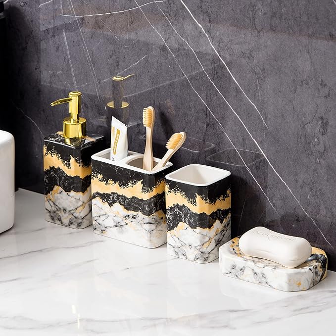4 Piece Bathroom Accessories Set - Black and White Includes Lotion Dispenser, Toothbrush Holder Tumbler, and Soap Dish - Glossy Finish (Marble, Black, and White)