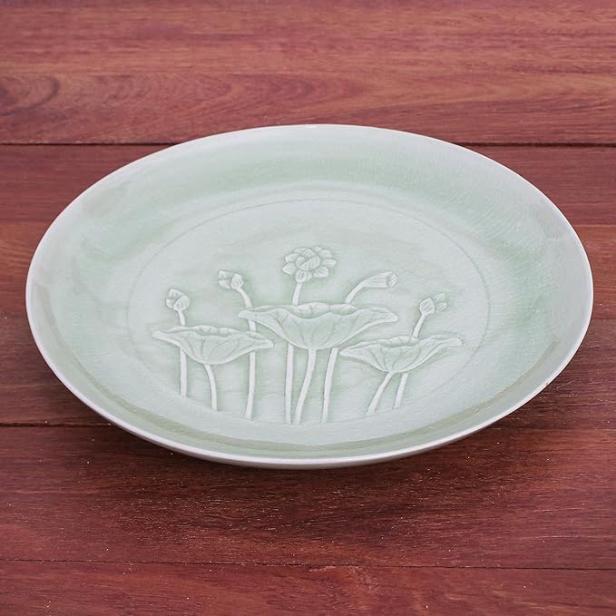 NOVICA Artisan Handmade Celadon Ceramic Dinner Plate Green Lotus Flower Thailand Tableware Dinnerware Floral [1.2in H x 10in Diam.] 'Flavorful'