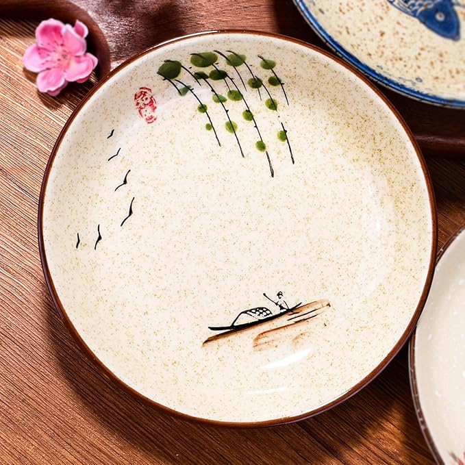 7 Inch Japanese Retro Ceramic Dinner Plates Set of 4 Asian-Inspired Dinnerware with Unique Hand-Painted Patterns, Microwave & Dishwasher Safe