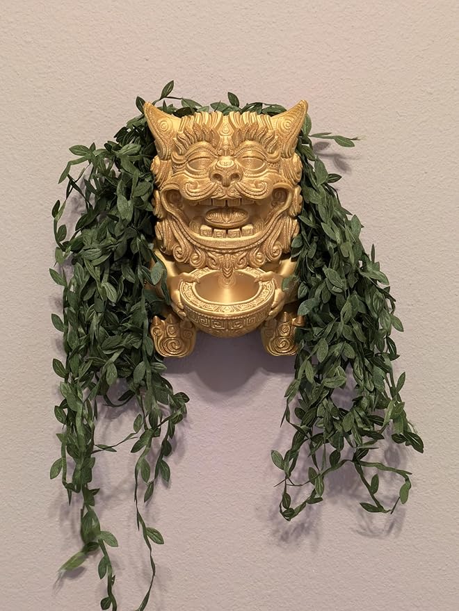 Wall Planter – Chinese Foo Lion Guardian Flower Pot, Hanging Dragon Dog Planter for Indoor & Outdoor Garden Decor, Unique Wall Art for Plants & Succulents (Gold, Regular 5.8" Height)