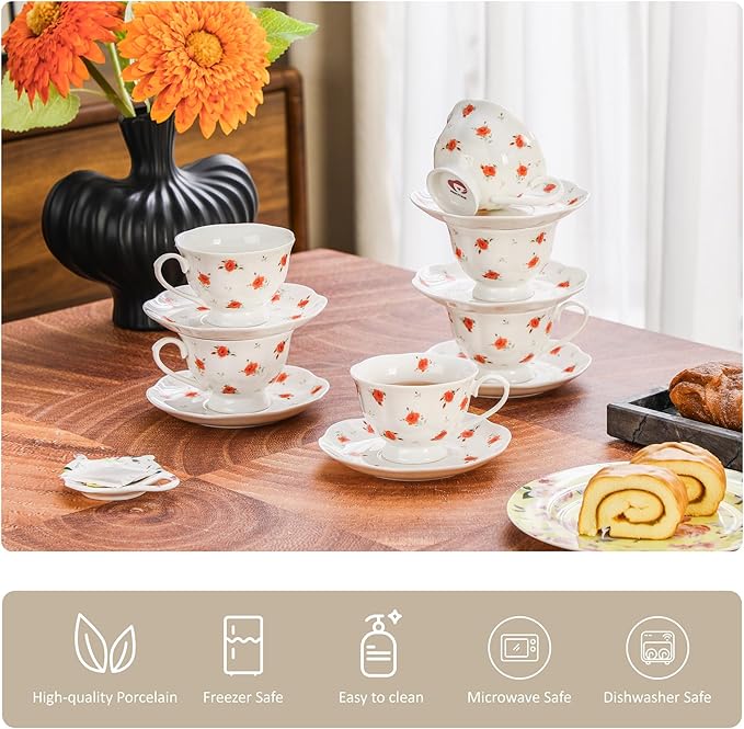 12-Piece Porcelain Tea Cup Set, 6 Cups & 6 Saucers with Classic Rose Pattern, Ceramic 6oz Scalloped Cups, Dishwasher & Microwave Safe