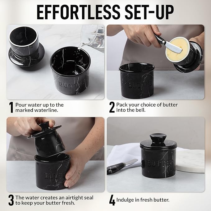 Zulay Kitchen Bell Shaped Butter Crock with Lid for Countertop with Water Line & Spreader Knife, Ceramic French Butter Dish Keeper For Fresh, Soft & Spreadable Butter - Black Marble