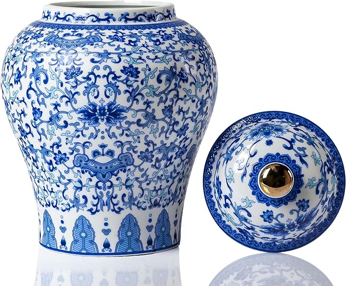 Qinlang Small Ceramic Ginger Jar for Home Decor, Ginger Jar Vase with Lid, Blue and White Lotus Pattern