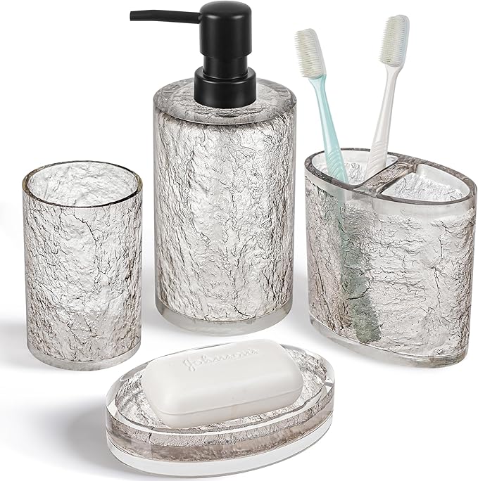 Modern 4 Pcs Resin Bathroom Accessories Set: Soap Dispenser, Toothbrush Holder, Tumbler, Soap Dish, Unbreakable, Durable, Easy to Clean, Bark Pattern, Translucent Black